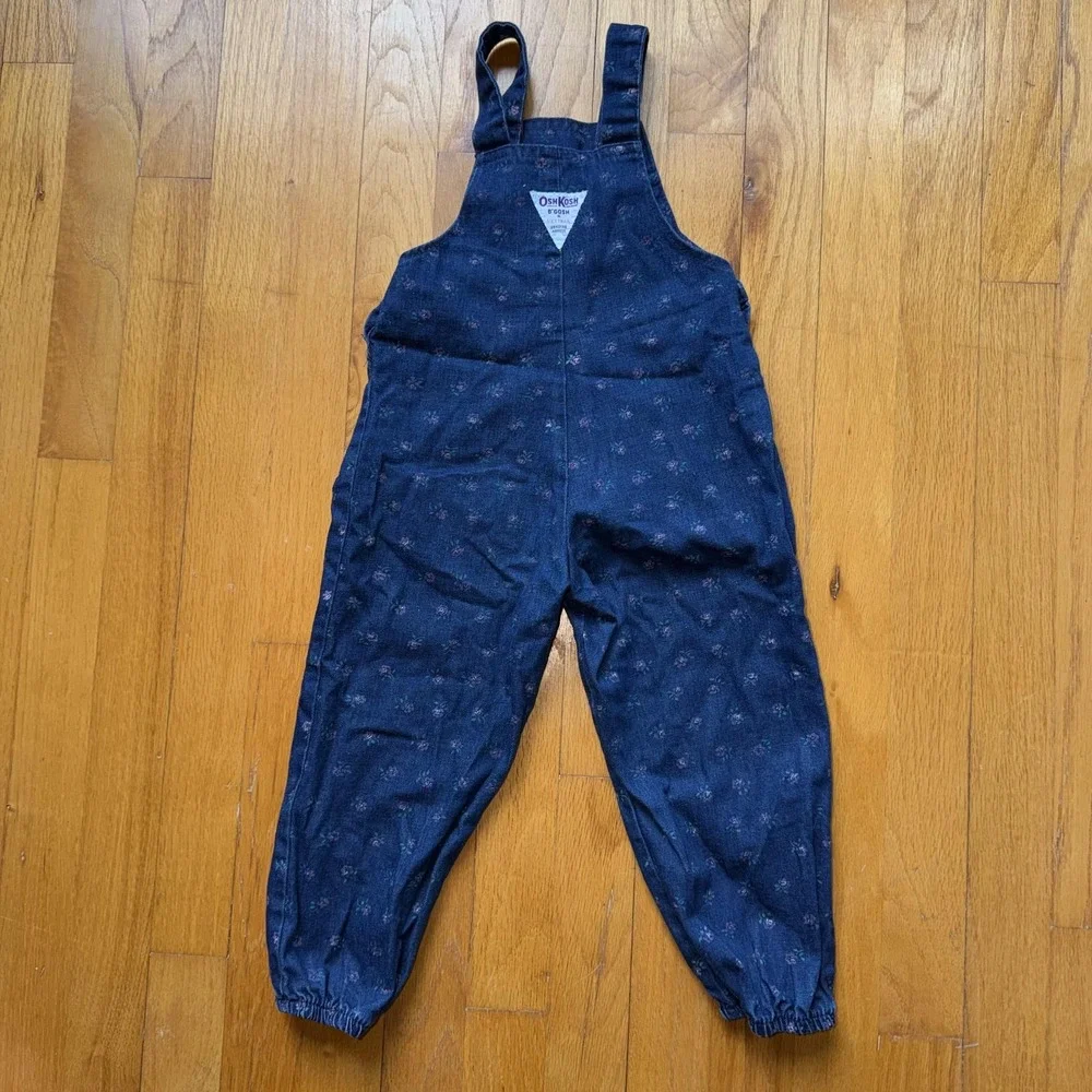 Vintage OshKosh B'gosh Bib Overalls Girls 3T Blue Denim Floral Print USA Rare